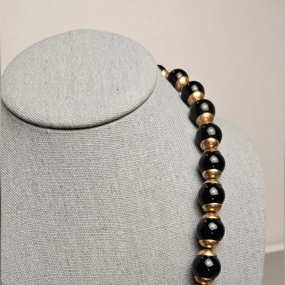 [J. CREW] Black & Gold ○● Beaded Statement Necklace with Cloth Tie